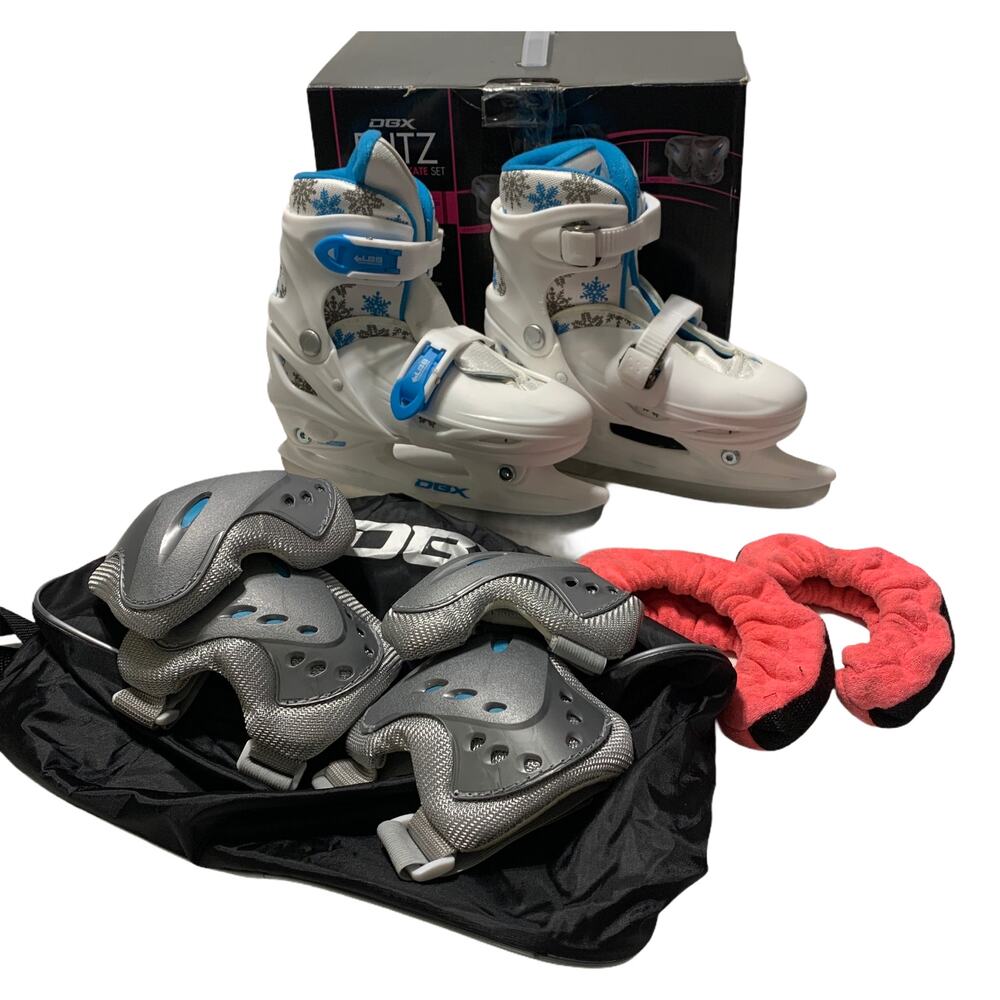 DBX Girls Adjustable Ice Skates Set Blue Size Medium (1 through 4) Gear Package